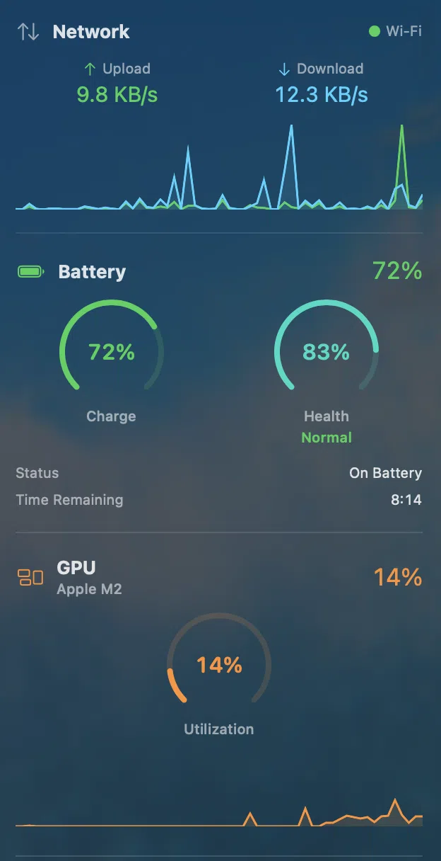 Peekbar unified dropdown showing Network, Battery, and GPU modules with Liquid Glass translucency